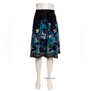 100% SILK BLACK FLORAL A LINE PLEAT SKIRT WOMENS KNEE LENGTH
